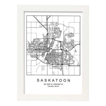 Lámina mapa de la ciudad Saskatoon estilo nordico en blanco y negro.-Artwork-Nacnic-A4-Marco Blanco-Nacnic Estudio SL