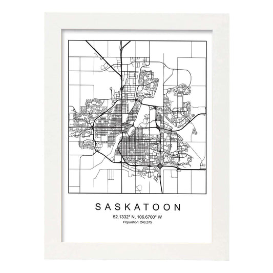 Lámina mapa de la ciudad Saskatoon estilo nordico en blanco y negro.-Artwork-Nacnic-A4-Marco Blanco-Nacnic Estudio SL