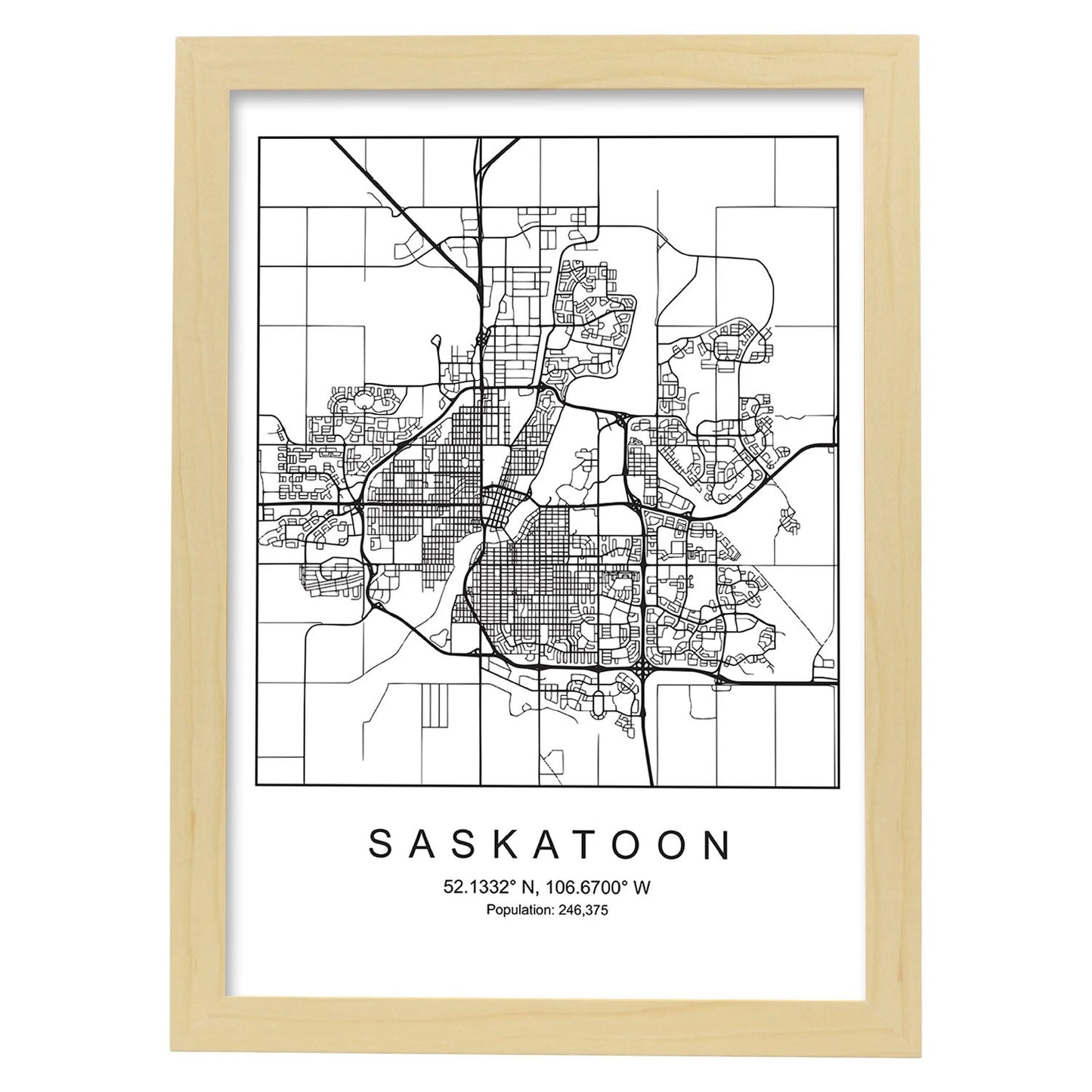 Lámina mapa de la ciudad Saskatoon estilo nordico en blanco y negro.-Artwork-Nacnic-A4-Marco Madera clara-Nacnic Estudio SL