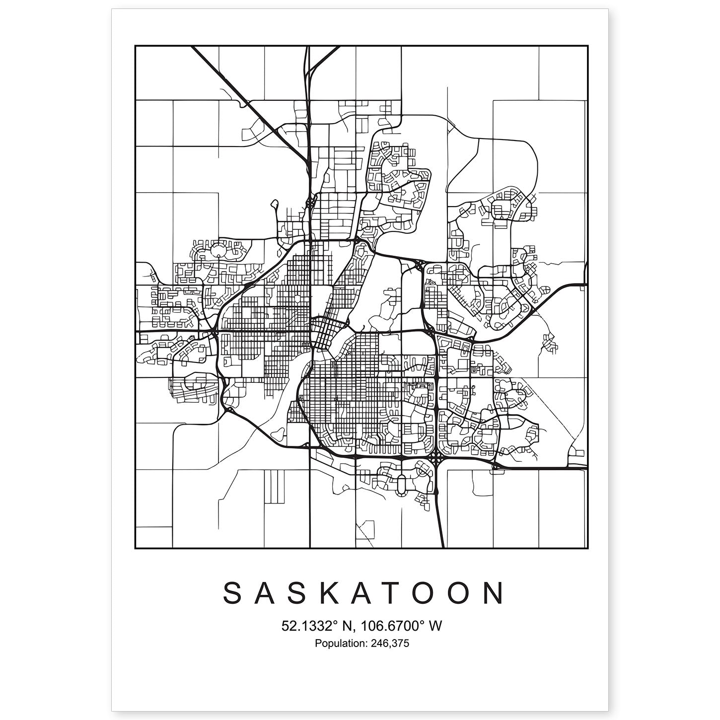Lámina mapa de la ciudad Saskatoon estilo nordico en blanco y negro.-Artwork-Nacnic-A4-Sin marco-Nacnic Estudio SL