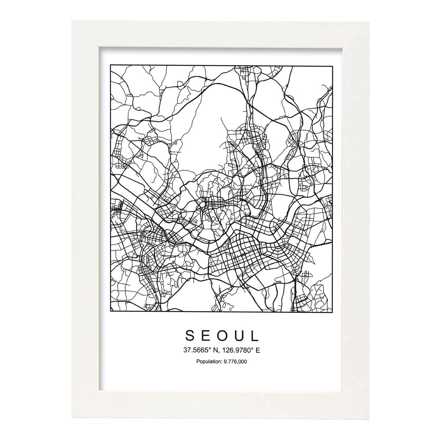 Lámina mapa de la ciudad Seoul estilo nordico en blanco y negro.-Artwork-Nacnic-A3-Marco Blanco-Nacnic Estudio SL
