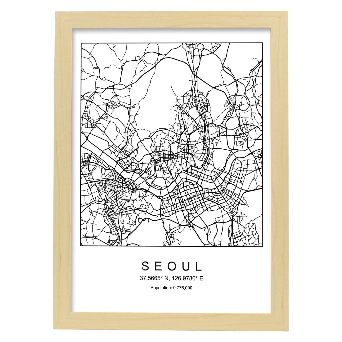 Lámina mapa de la ciudad Seoul estilo nordico en blanco y negro.-Artwork-Nacnic-A3-Marco Madera clara-Nacnic Estudio SL