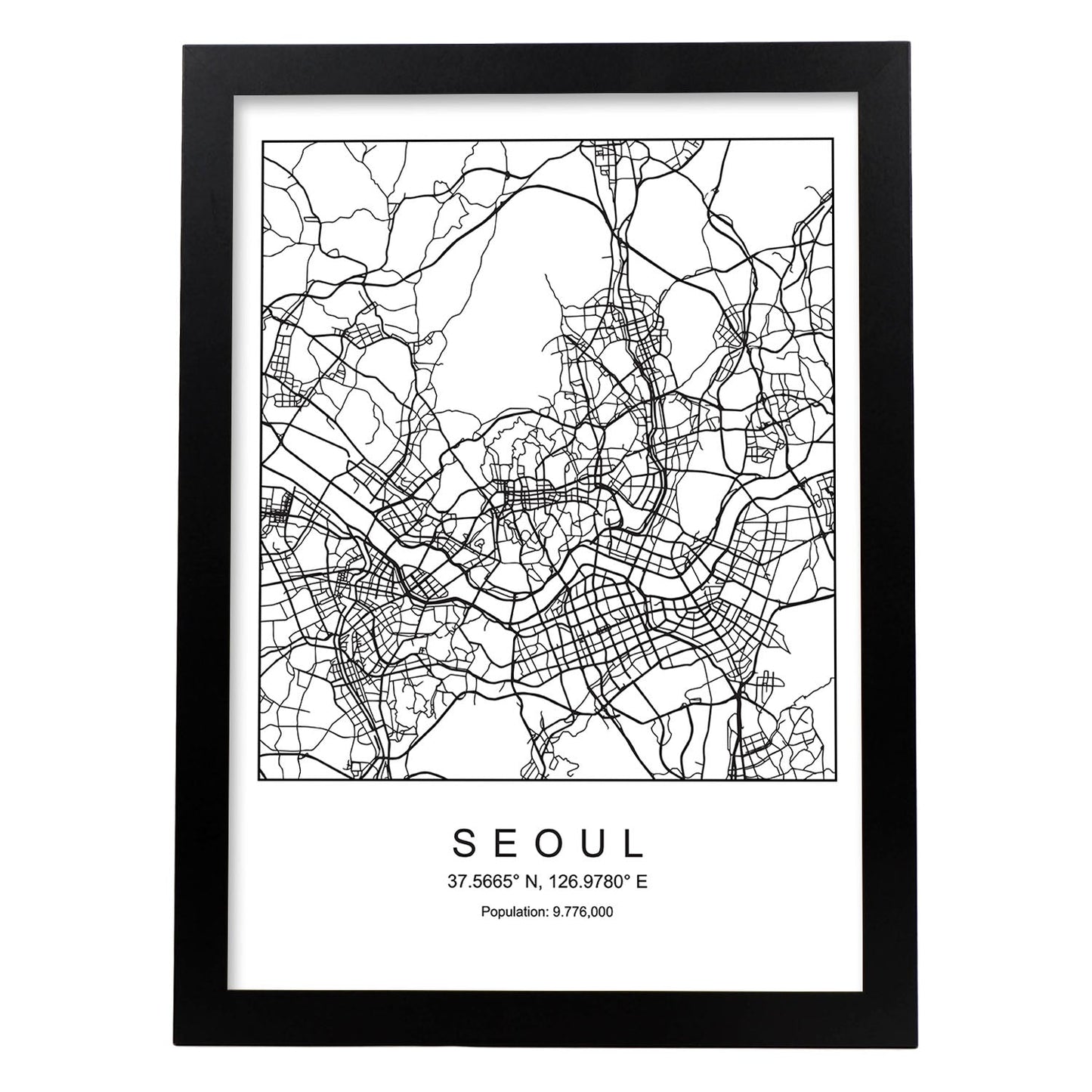 Lámina mapa de la ciudad Seoul estilo nordico en blanco y negro.-Artwork-Nacnic-A3-Marco Negro-Nacnic Estudio SL