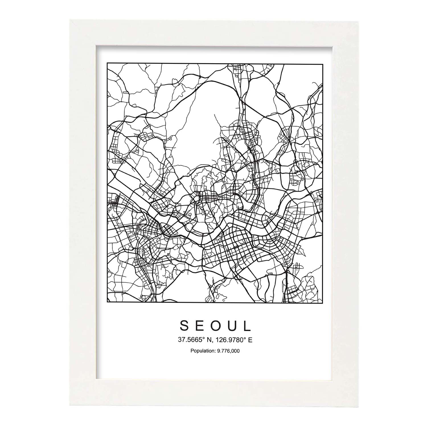 Lámina mapa de la ciudad Seoul estilo nordico en blanco y negro.-Artwork-Nacnic-A4-Marco Blanco-Nacnic Estudio SL