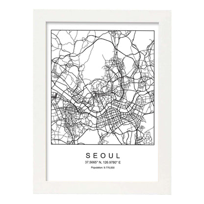 Lámina mapa de la ciudad Seoul estilo nordico en blanco y negro.-Artwork-Nacnic-A4-Marco Blanco-Nacnic Estudio SL