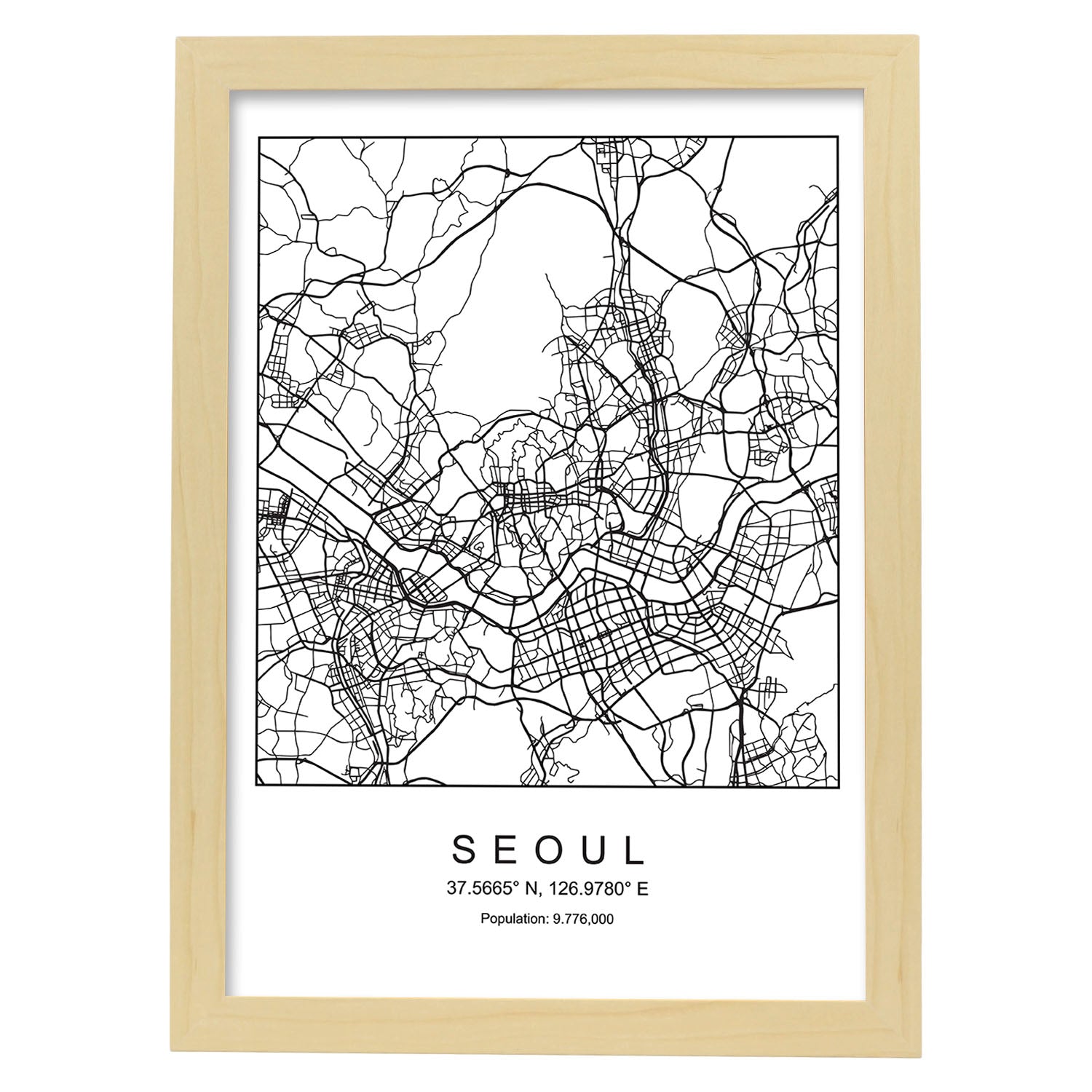 Lámina mapa de la ciudad Seoul estilo nordico en blanco y negro.-Artwork-Nacnic-A4-Marco Madera clara-Nacnic Estudio SL