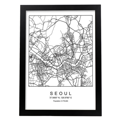 Lámina mapa de la ciudad Seoul estilo nordico en blanco y negro.-Artwork-Nacnic-A4-Marco Negro-Nacnic Estudio SL