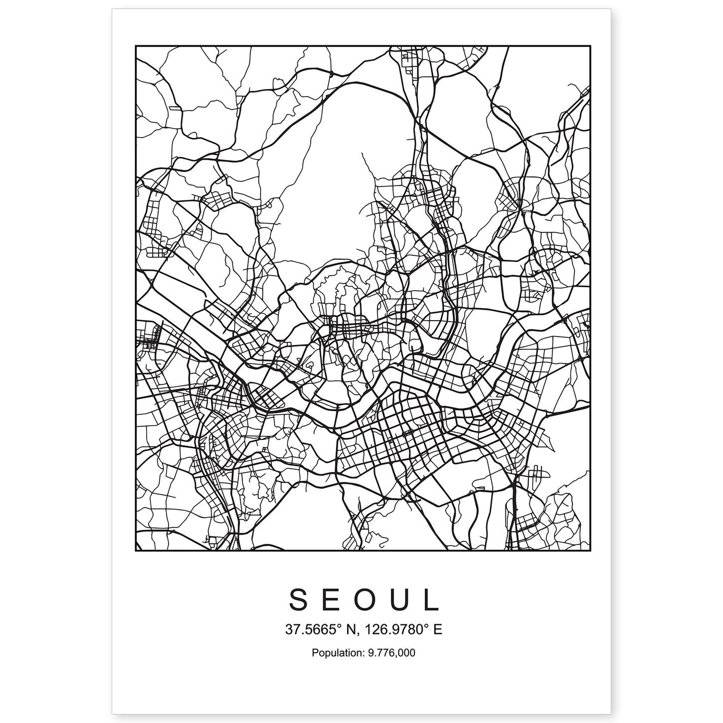 Lámina mapa de la ciudad Seoul estilo nordico en blanco y negro.-Artwork-Nacnic-A4-Sin marco-Nacnic Estudio SL