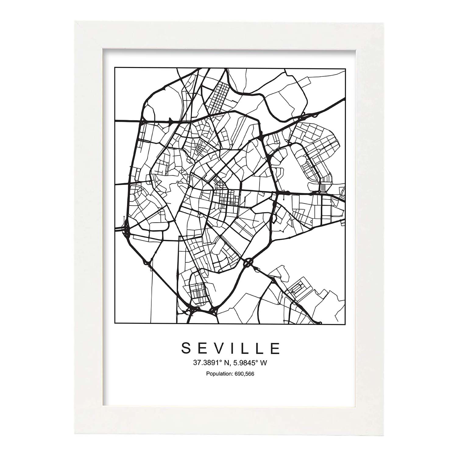 Lámina mapa de la ciudad Sevilla estilo nordico en blanco y negro.-Artwork-Nacnic-A3-Marco Blanco-Nacnic Estudio SL
