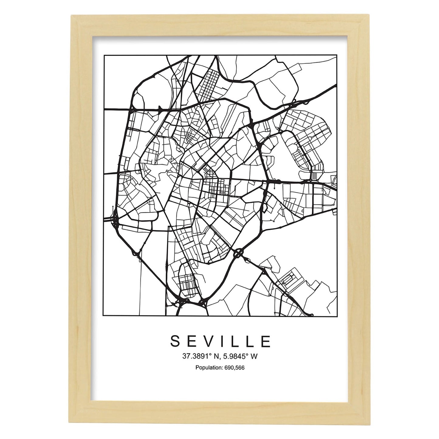 Lámina mapa de la ciudad Sevilla estilo nordico en blanco y negro.-Artwork-Nacnic-A3-Marco Madera clara-Nacnic Estudio SL