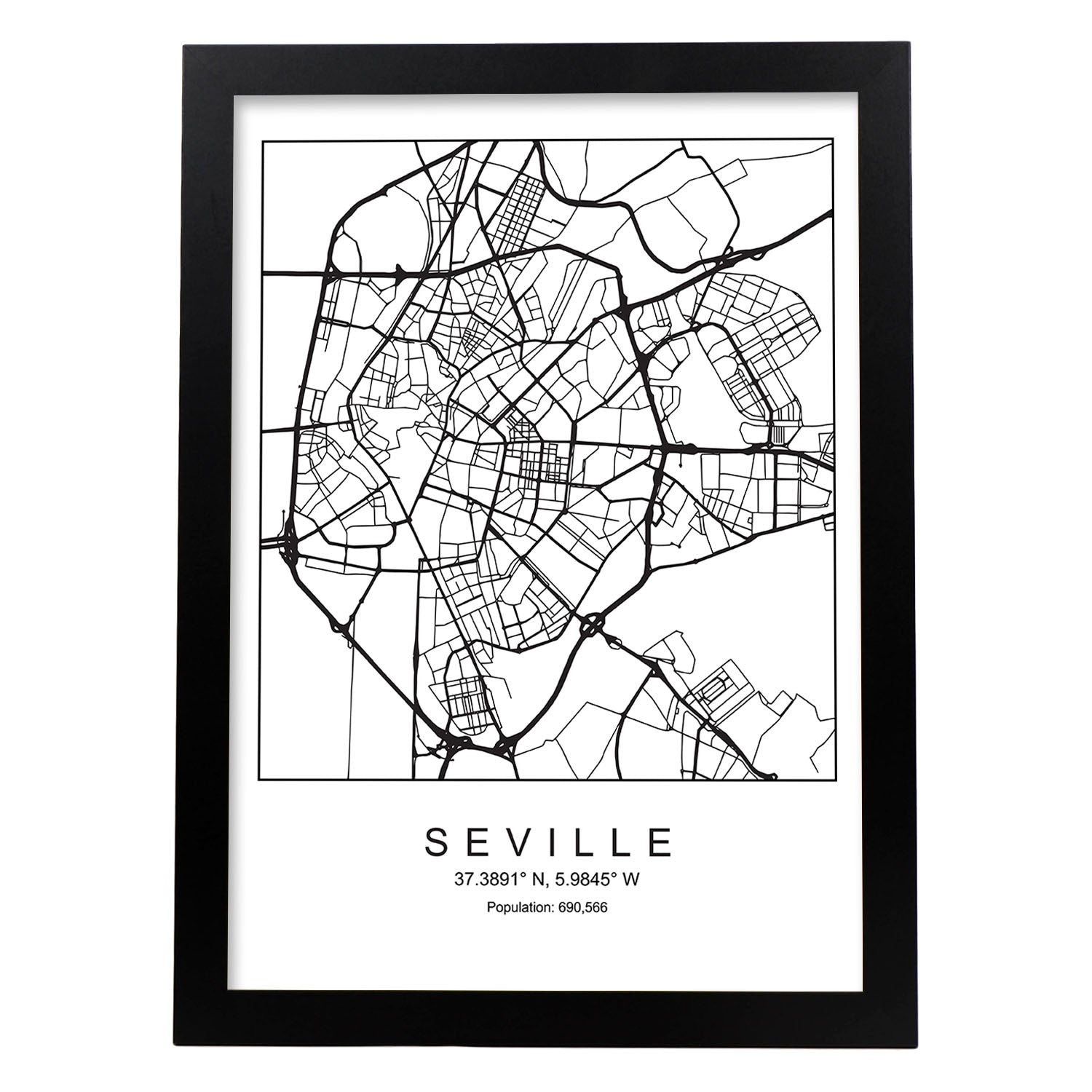 Lámina mapa de la ciudad Sevilla estilo nordico en blanco y negro.-Artwork-Nacnic-A3-Marco Negro-Nacnic Estudio SL