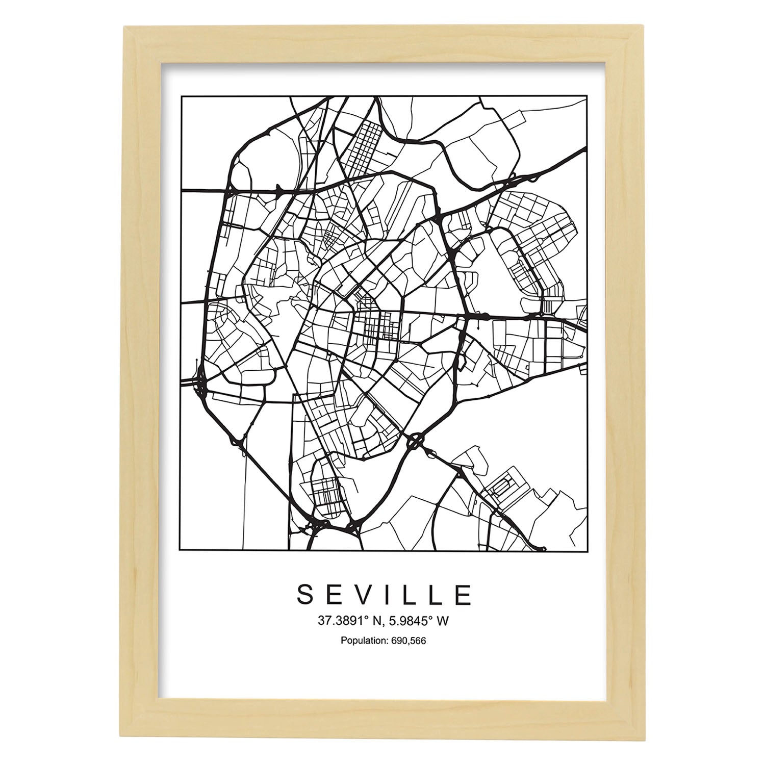 Lámina mapa de la ciudad Sevilla estilo nordico en blanco y negro.-Artwork-Nacnic-A4-Marco Madera clara-Nacnic Estudio SL