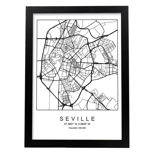 Lámina mapa de la ciudad Sevilla estilo nordico en blanco y negro.-Artwork-Nacnic-A4-Marco Negro-Nacnic Estudio SL