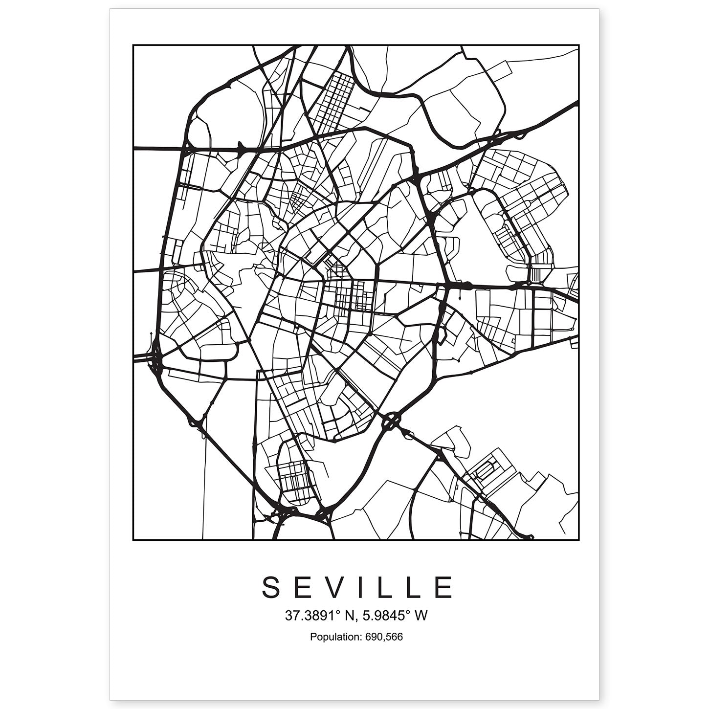 Lámina mapa de la ciudad Sevilla estilo nordico en blanco y negro.-Artwork-Nacnic-A4-Sin marco-Nacnic Estudio SL