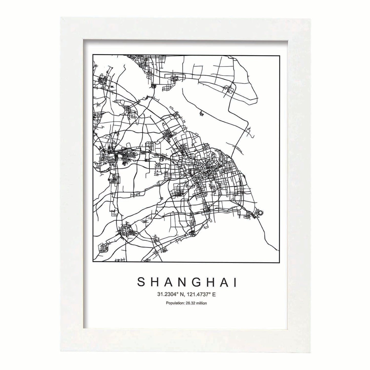 Lámina mapa de la ciudad Shanghai estilo nordico en blanco y negro.-Artwork-Nacnic-A3-Marco Blanco-Nacnic Estudio SL