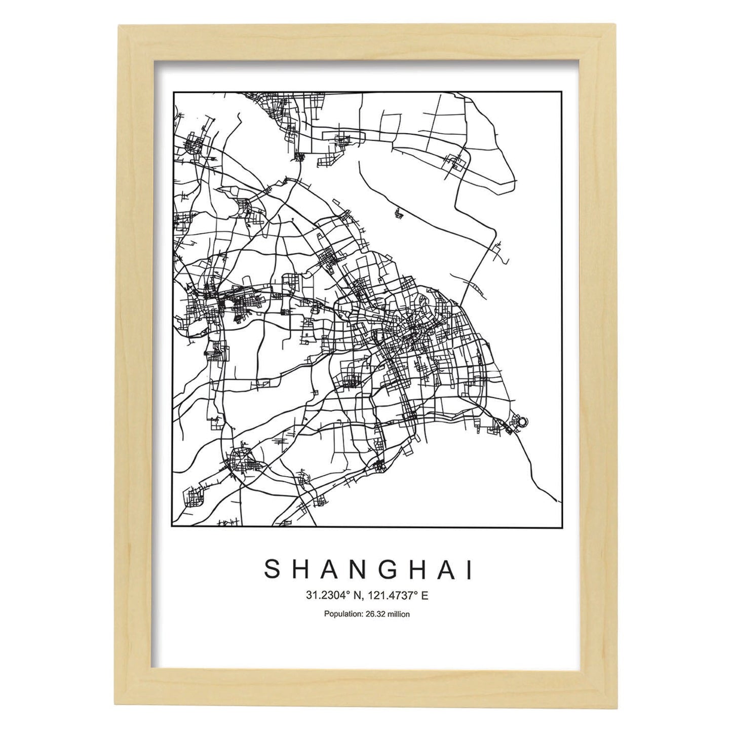 Lámina mapa de la ciudad Shanghai estilo nordico en blanco y negro.-Artwork-Nacnic-A3-Marco Madera clara-Nacnic Estudio SL