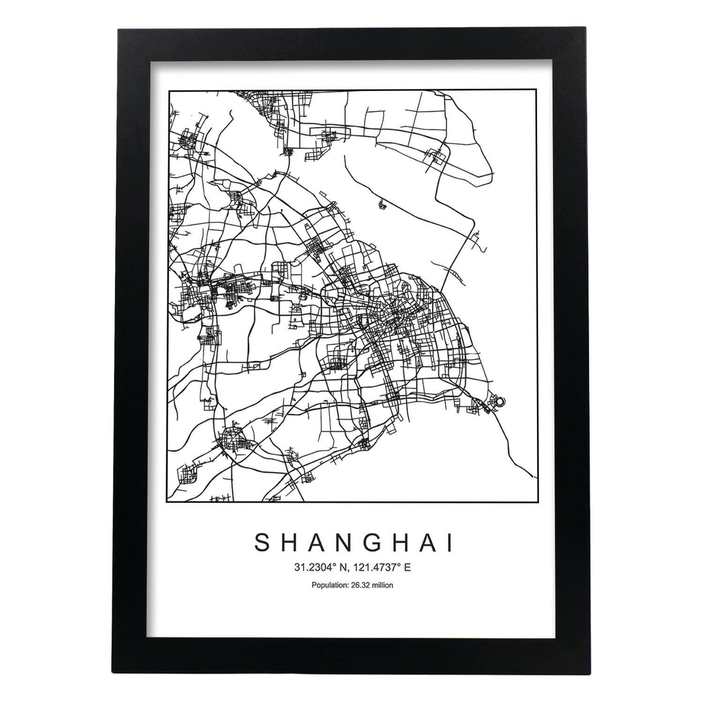 Lámina mapa de la ciudad Shanghai estilo nordico en blanco y negro.-Artwork-Nacnic-A3-Marco Negro-Nacnic Estudio SL