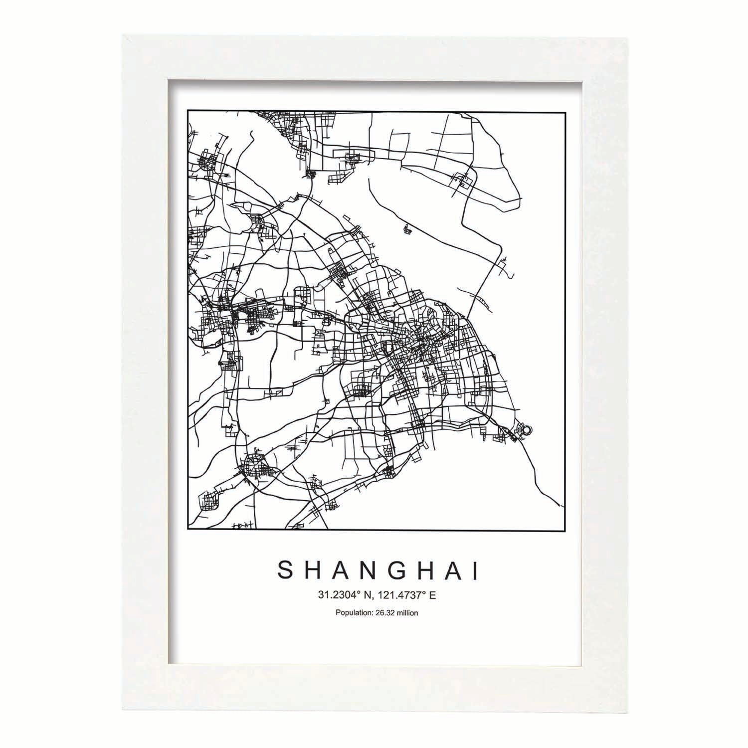 Lámina mapa de la ciudad Shanghai estilo nordico en blanco y negro.-Artwork-Nacnic-A4-Marco Blanco-Nacnic Estudio SL