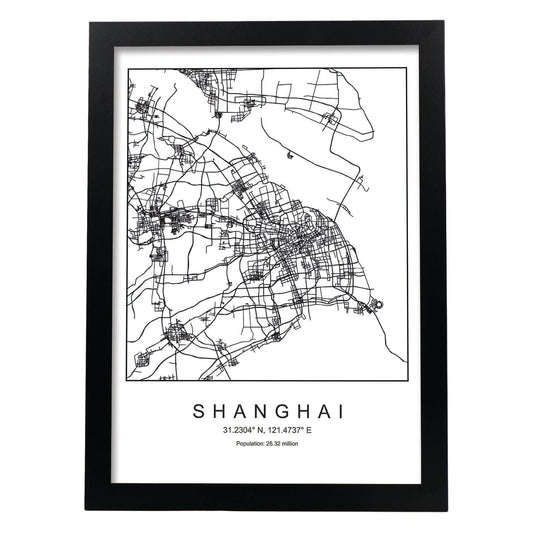 Lámina mapa de la ciudad Shanghai estilo nordico en blanco y negro.-Artwork-Nacnic-A4-Marco Negro-Nacnic Estudio SL