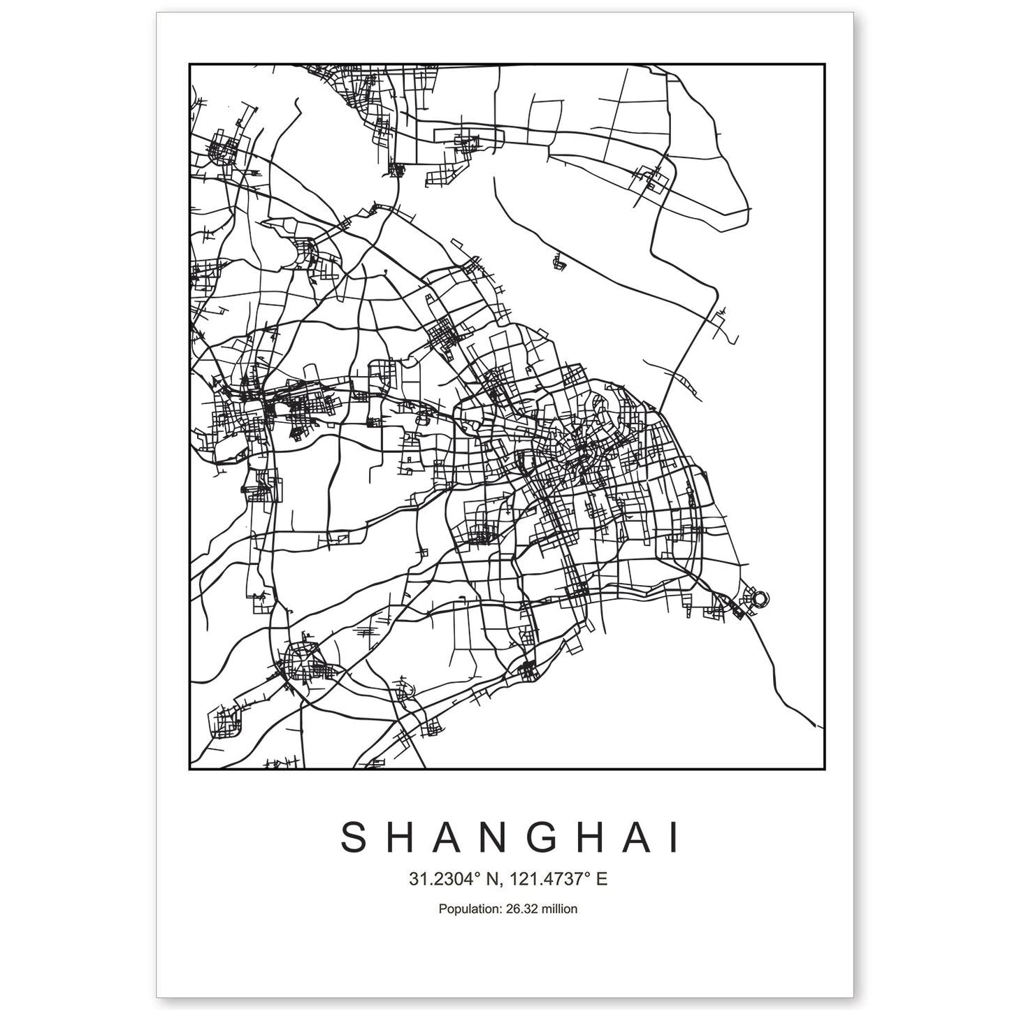 Lámina mapa de la ciudad Shanghai estilo nordico en blanco y negro.-Artwork-Nacnic-A4-Sin marco-Nacnic Estudio SL