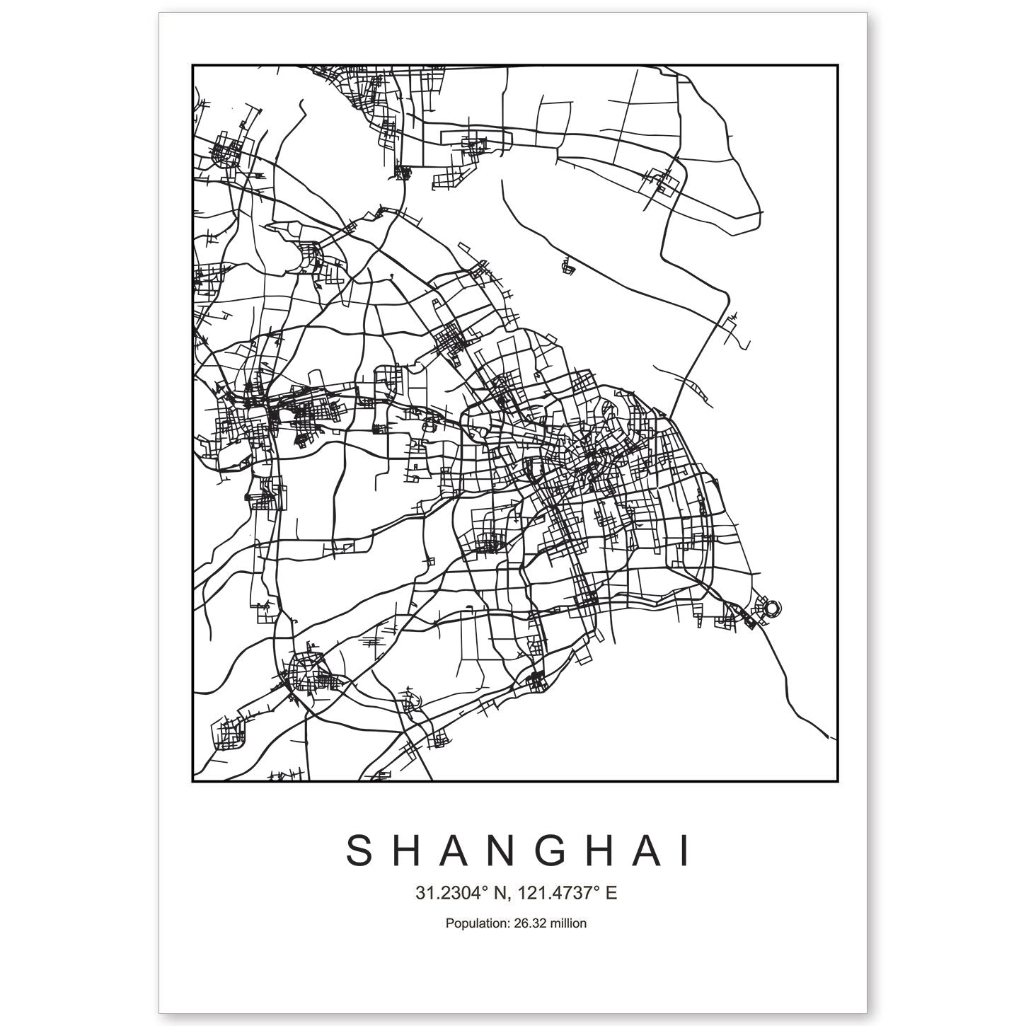 Lámina mapa de la ciudad Shanghai estilo nordico en blanco y negro.-Artwork-Nacnic-A4-Sin marco-Nacnic Estudio SL