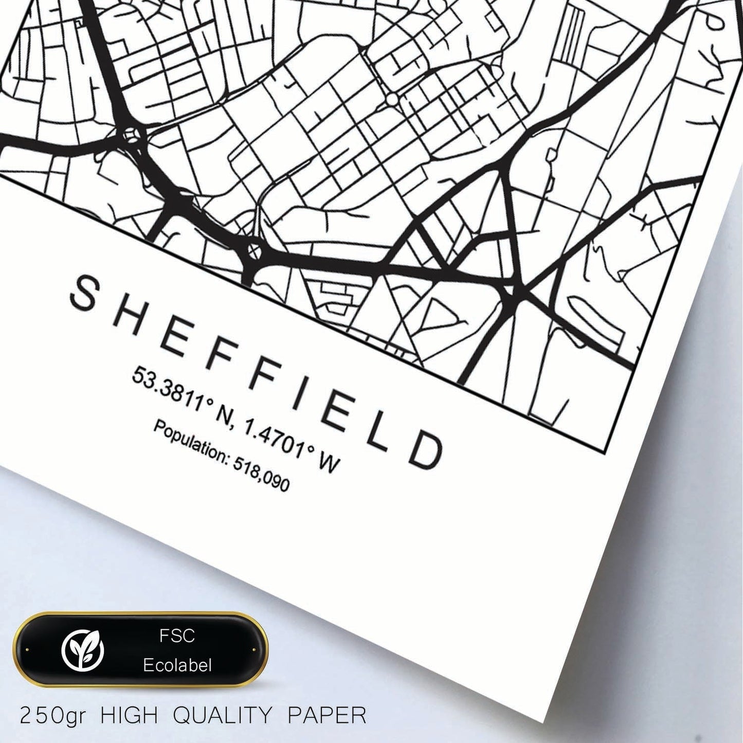 Lámina mapa de la ciudad Sheffield estilo nordico en blanco y negro.-Artwork-Nacnic-Nacnic Estudio SL