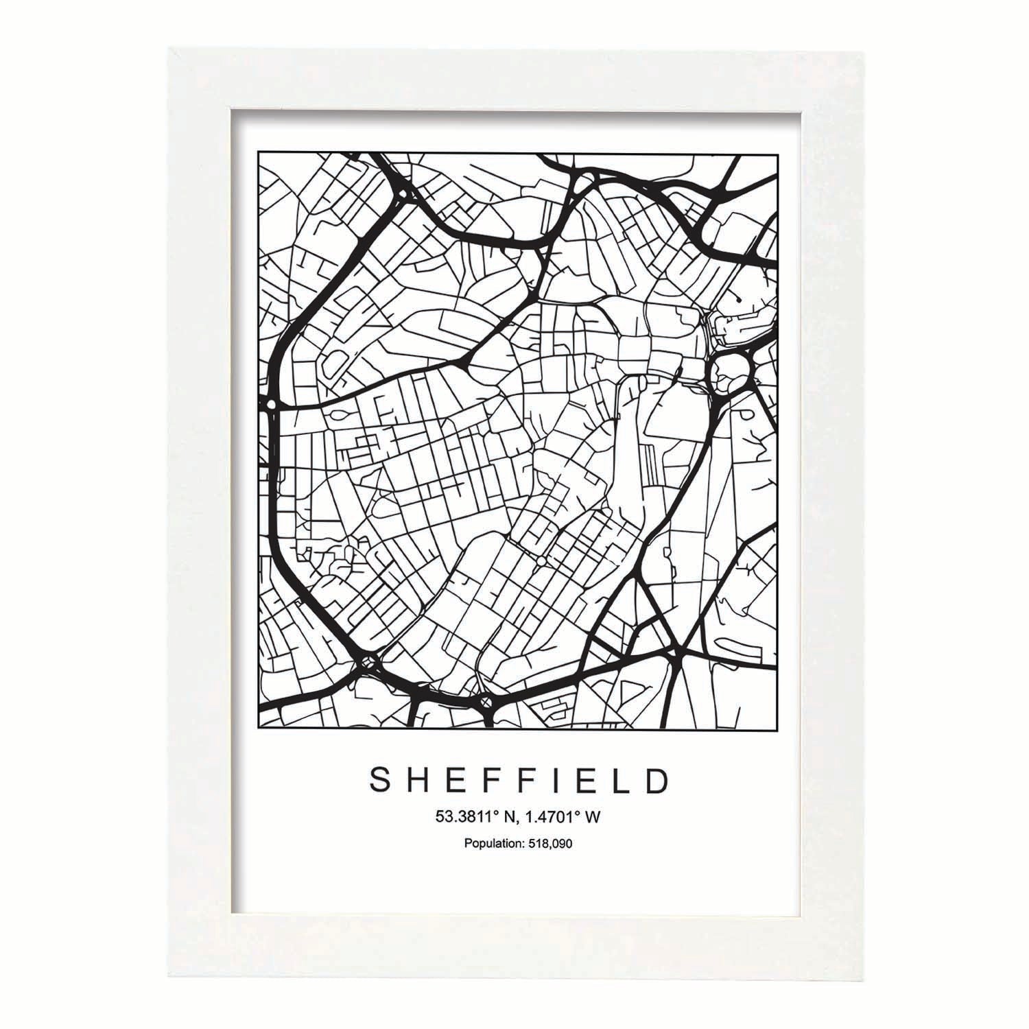 Lámina mapa de la ciudad Sheffield estilo nordico en blanco y negro.-Artwork-Nacnic-A3-Marco Blanco-Nacnic Estudio SL