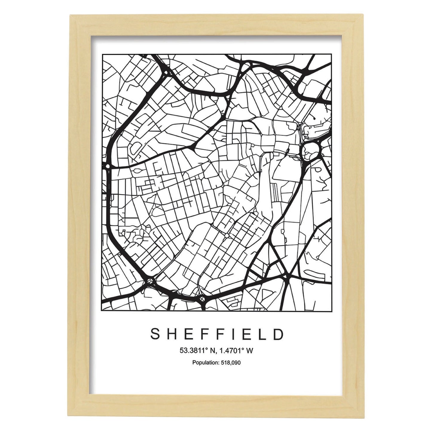 Lámina mapa de la ciudad Sheffield estilo nordico en blanco y negro.-Artwork-Nacnic-A3-Marco Madera clara-Nacnic Estudio SL
