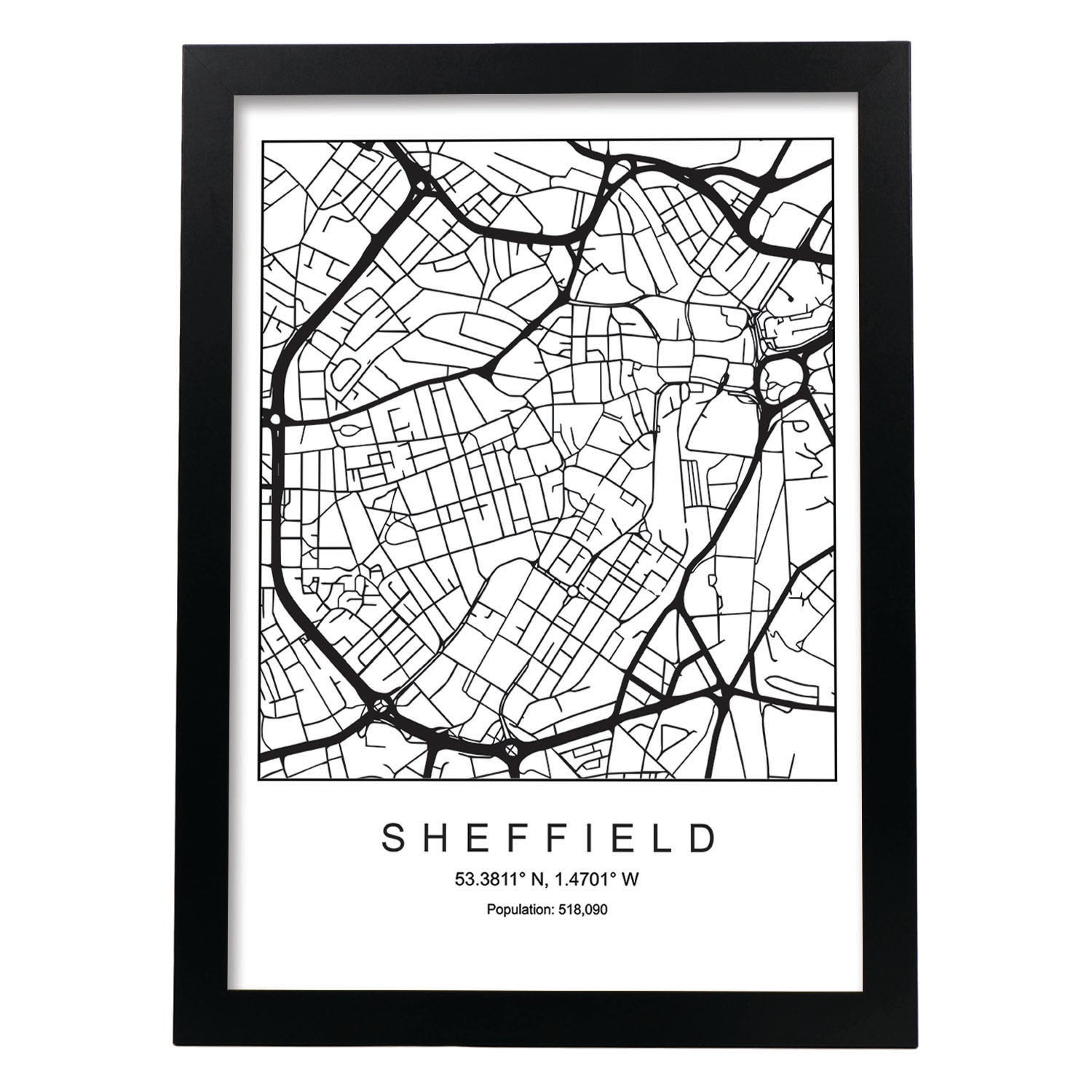 Lámina mapa de la ciudad Sheffield estilo nordico en blanco y negro.-Artwork-Nacnic-A3-Marco Negro-Nacnic Estudio SL
