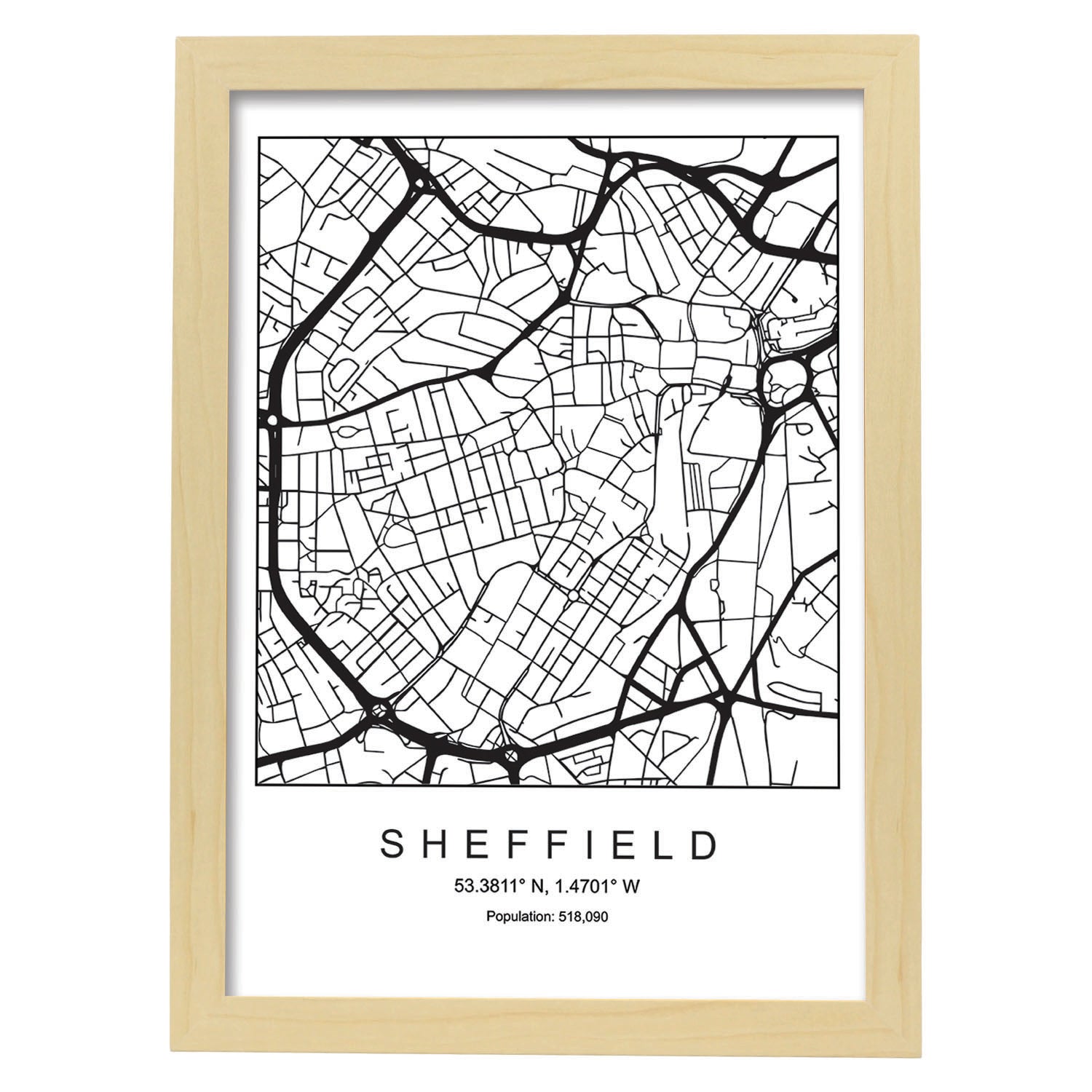 Lámina mapa de la ciudad Sheffield estilo nordico en blanco y negro.-Artwork-Nacnic-A4-Marco Madera clara-Nacnic Estudio SL