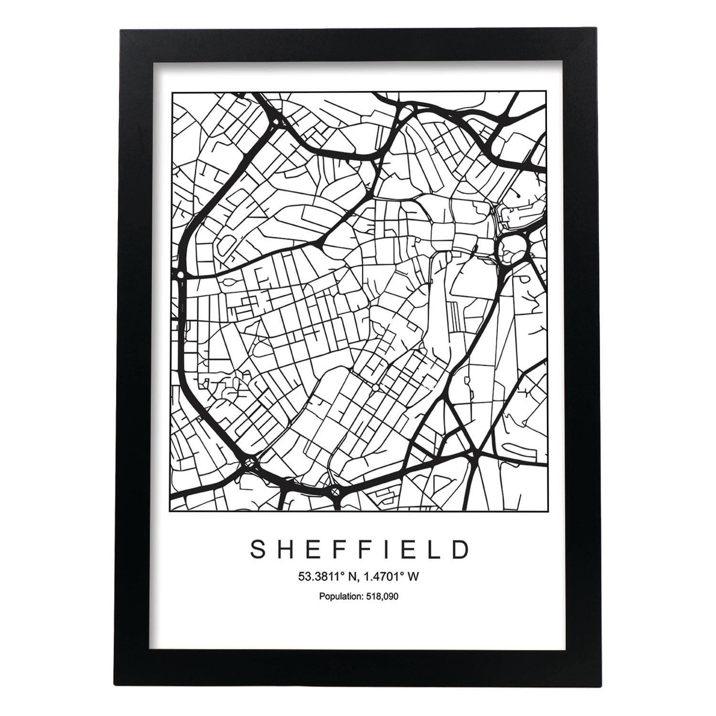 Lámina mapa de la ciudad Sheffield estilo nordico en blanco y negro.-Artwork-Nacnic-A4-Marco Negro-Nacnic Estudio SL