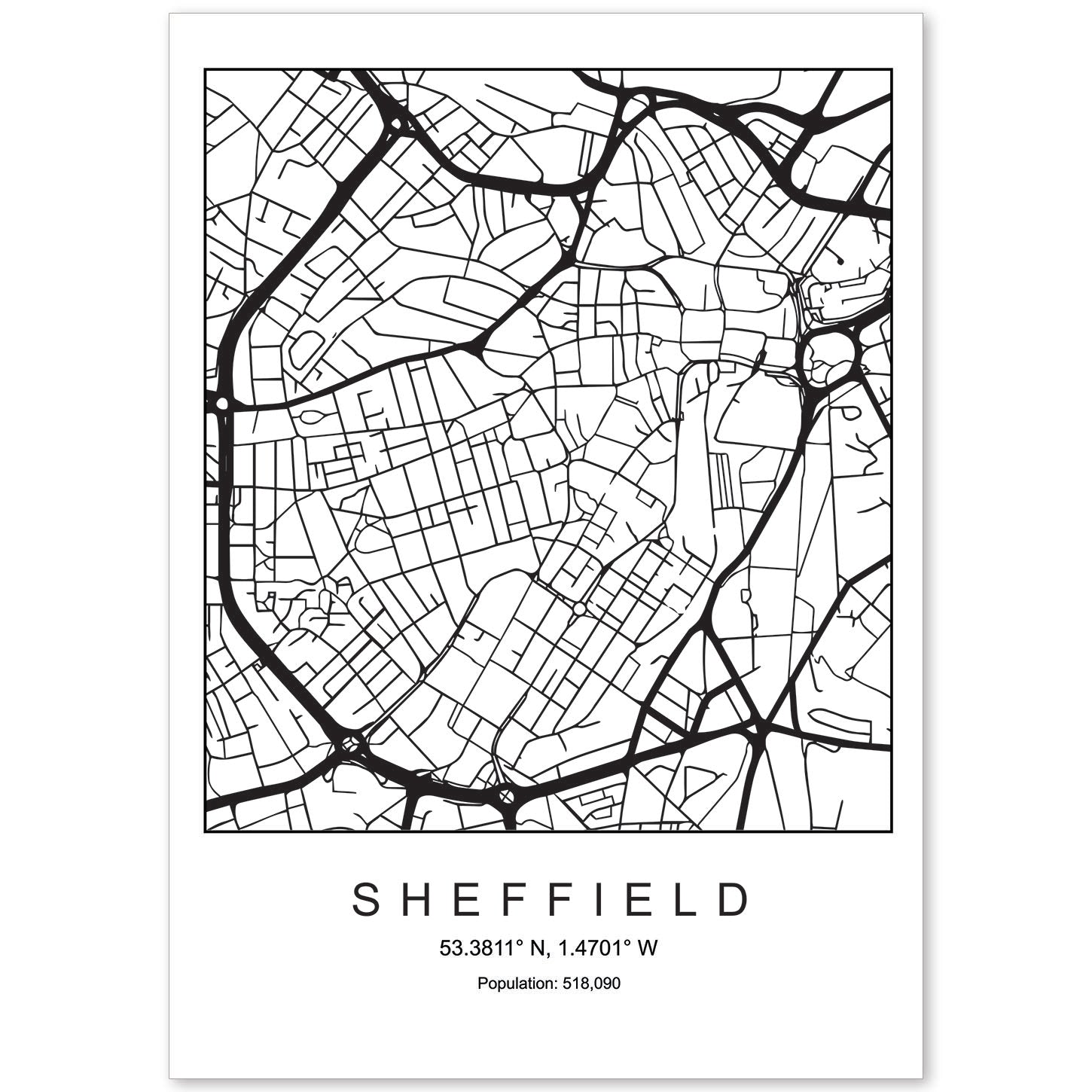 Lámina mapa de la ciudad Sheffield estilo nordico en blanco y negro.-Artwork-Nacnic-A4-Sin marco-Nacnic Estudio SL