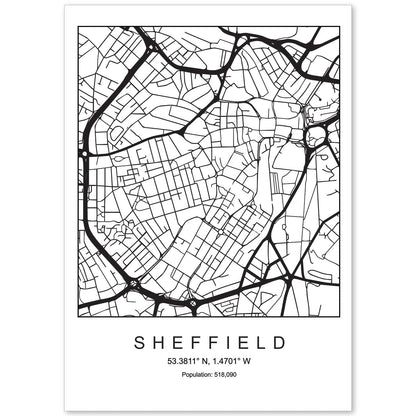 Lámina mapa de la ciudad Sheffield estilo nordico en blanco y negro.-Artwork-Nacnic-A4-Sin marco-Nacnic Estudio SL