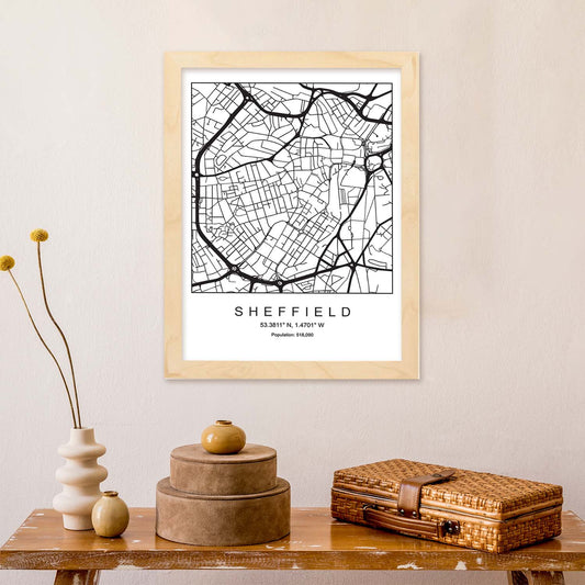 Lámina mapa de la ciudad Sheffield estilo nordico en blanco y negro.-Artwork-Nacnic-Nacnic Estudio SL