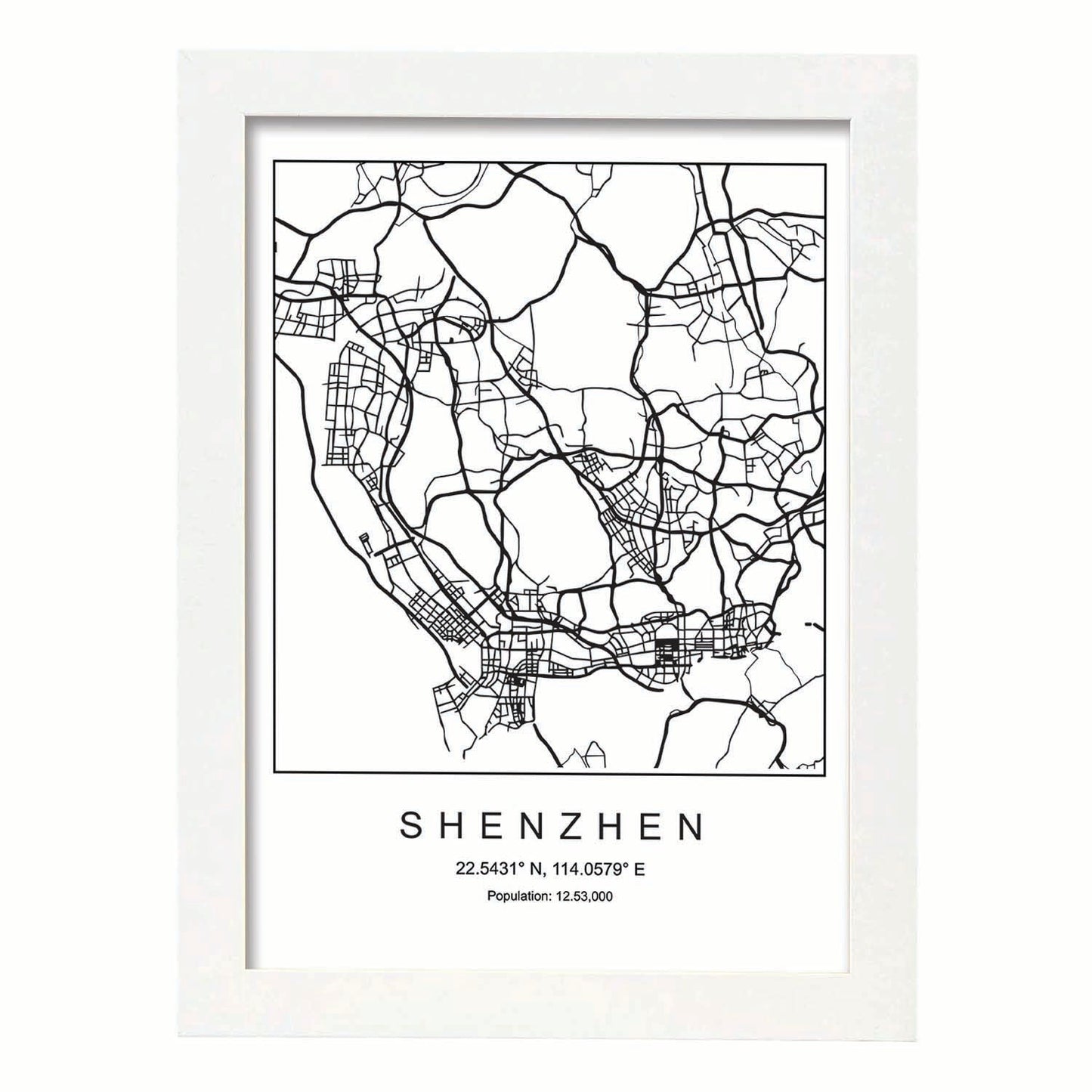 Lámina mapa de la ciudad Shenzhen estilo nordico en blanco y negro.-Artwork-Nacnic-A3-Marco Blanco-Nacnic Estudio SL