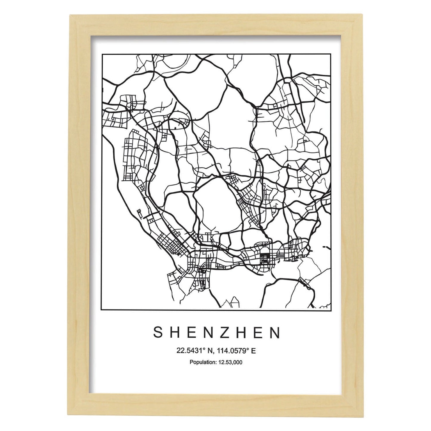 Lámina mapa de la ciudad Shenzhen estilo nordico en blanco y negro.-Artwork-Nacnic-A3-Marco Madera clara-Nacnic Estudio SL