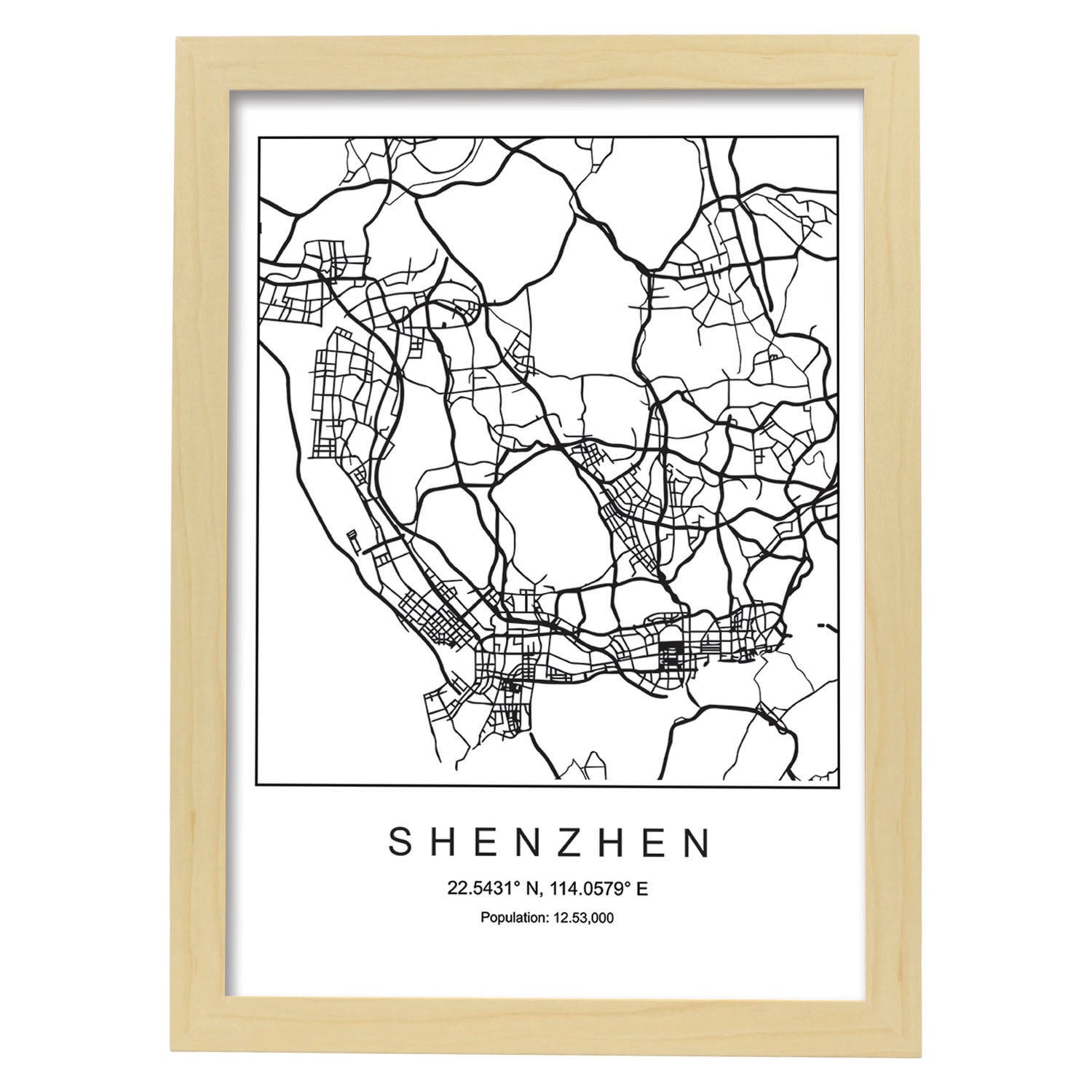 Lámina mapa de la ciudad Shenzhen estilo nordico en blanco y negro.-Artwork-Nacnic-A3-Marco Madera clara-Nacnic Estudio SL
