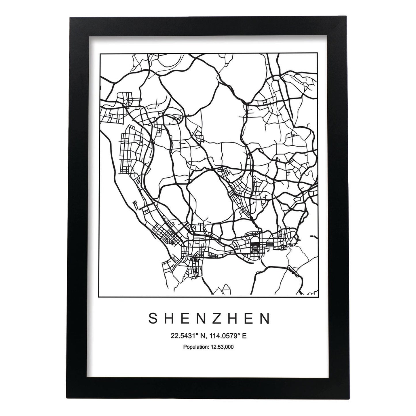 Lámina mapa de la ciudad Shenzhen estilo nordico en blanco y negro.-Artwork-Nacnic-A3-Marco Negro-Nacnic Estudio SL