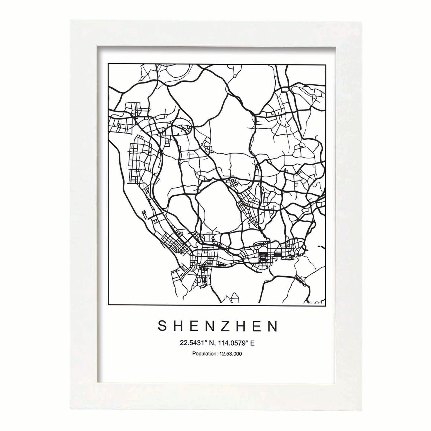 Lámina mapa de la ciudad Shenzhen estilo nordico en blanco y negro.-Artwork-Nacnic-A4-Marco Blanco-Nacnic Estudio SL