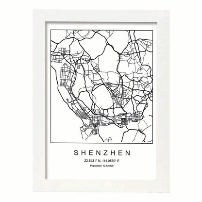 Lámina mapa de la ciudad Shenzhen estilo nordico en blanco y negro.-Artwork-Nacnic-A4-Marco Blanco-Nacnic Estudio SL