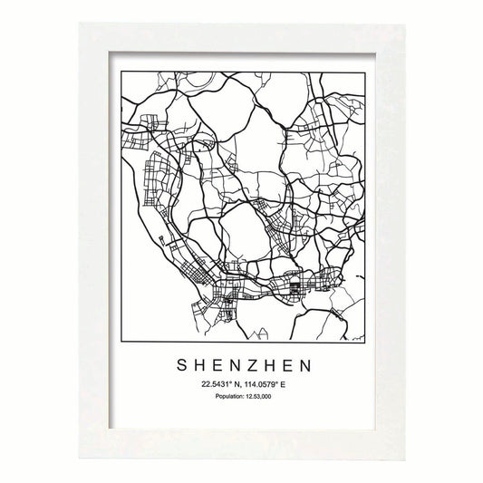 Lámina mapa de la ciudad Shenzhen estilo nordico en blanco y negro.-Artwork-Nacnic-A4-Marco Blanco-Nacnic Estudio SL