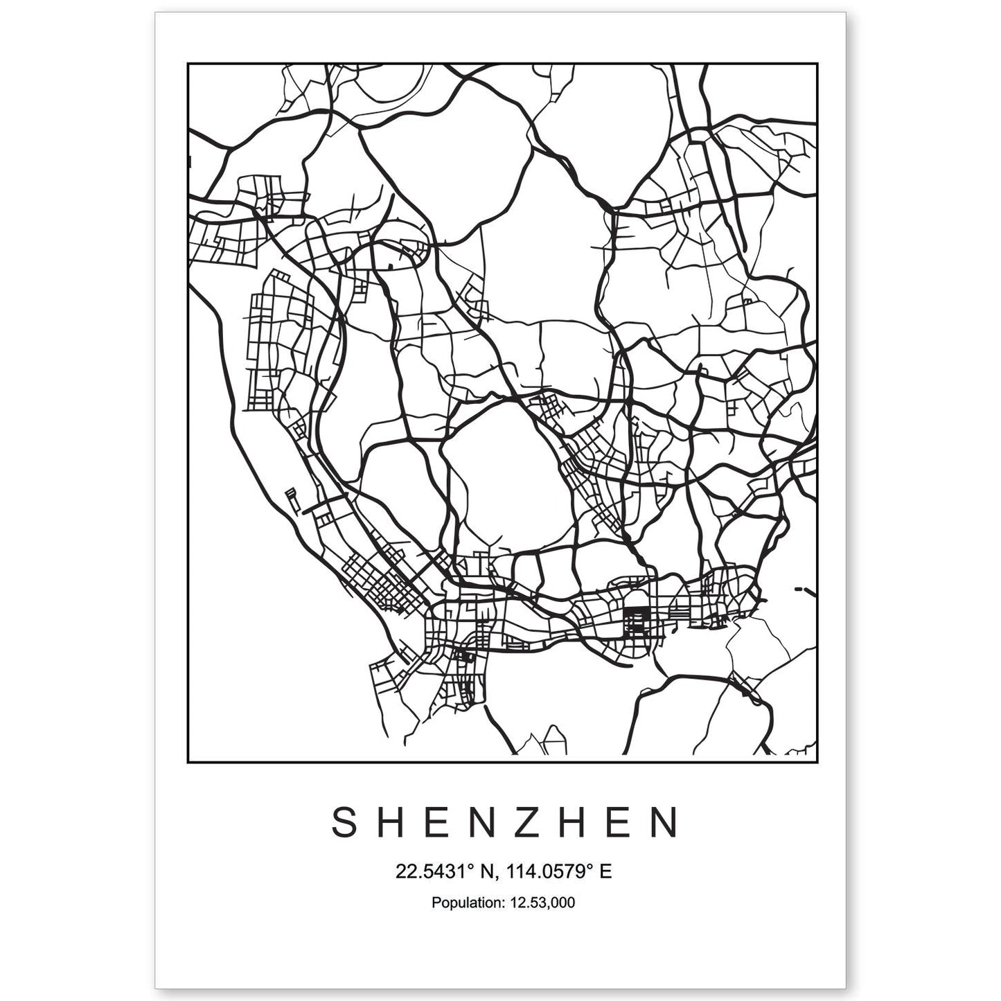 Lámina mapa de la ciudad Shenzhen estilo nordico en blanco y negro.-Artwork-Nacnic-A4-Sin marco-Nacnic Estudio SL