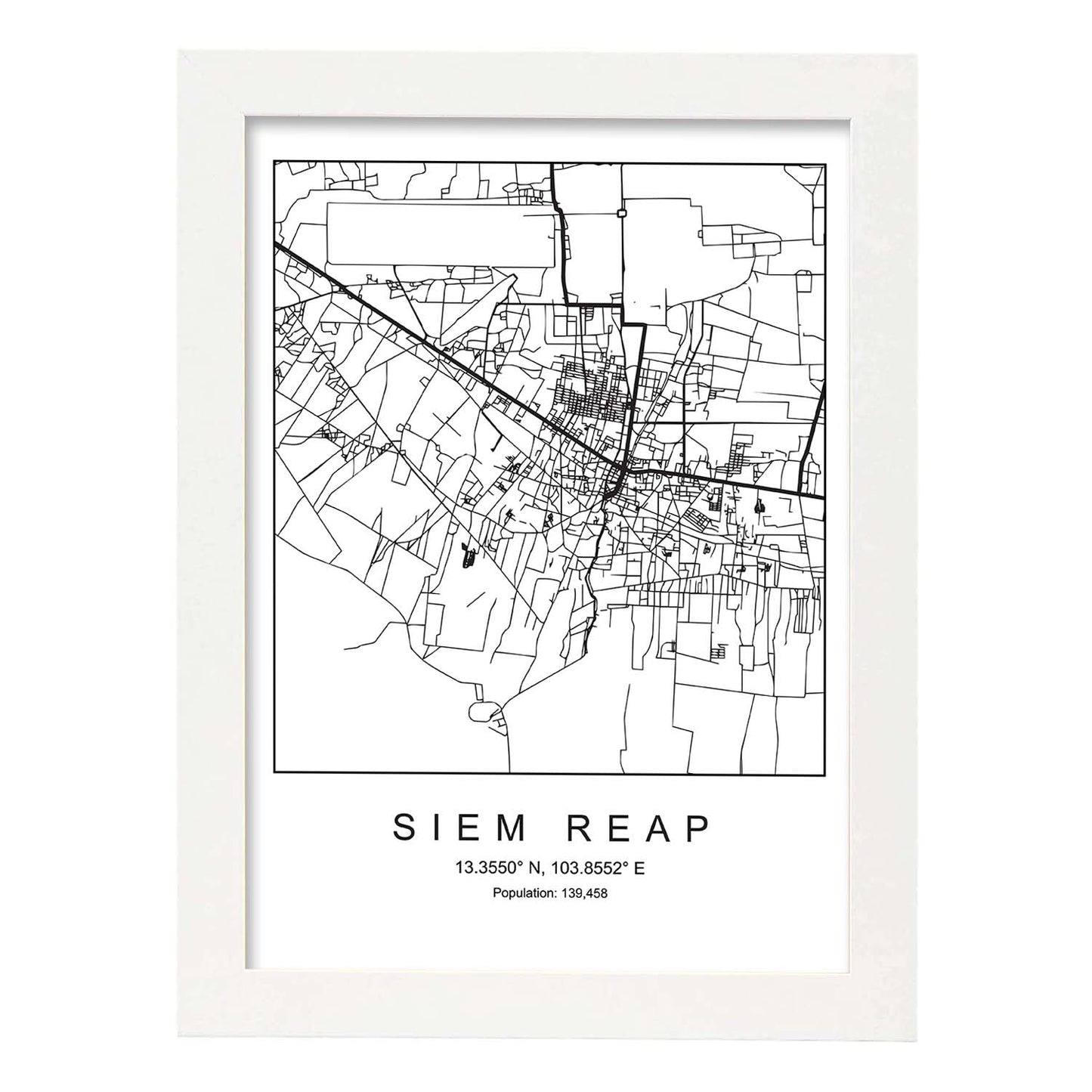 Lámina mapa de la ciudad Siem reap estilo nordico en blanco y negro.-Artwork-Nacnic-A3-Marco Blanco-Nacnic Estudio SL