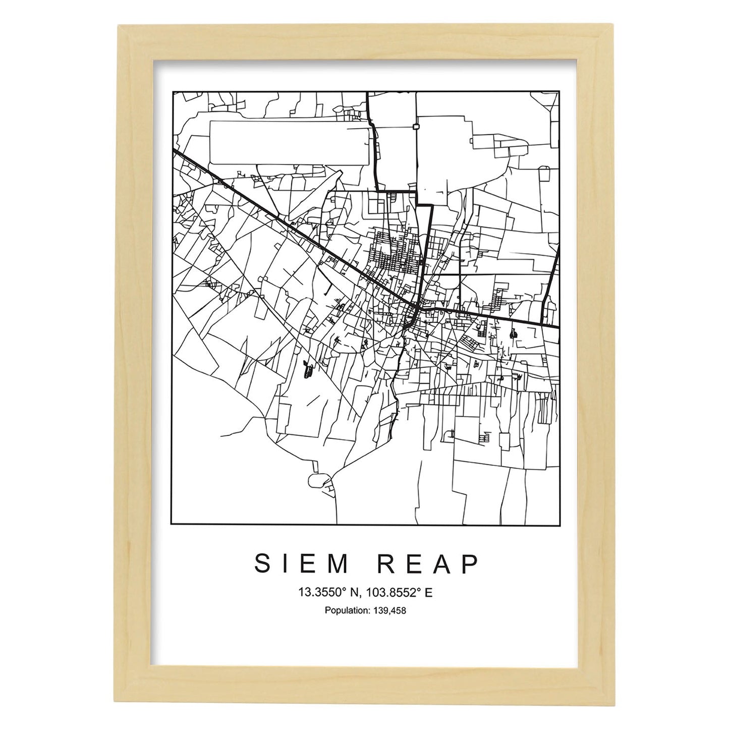 Lámina mapa de la ciudad Siem reap estilo nordico en blanco y negro.-Artwork-Nacnic-A3-Marco Madera clara-Nacnic Estudio SL