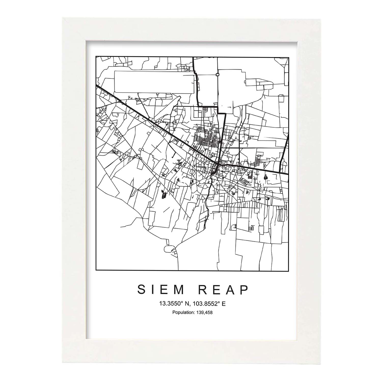 Lámina mapa de la ciudad Siem reap estilo nordico en blanco y negro.-Artwork-Nacnic-A4-Marco Blanco-Nacnic Estudio SL