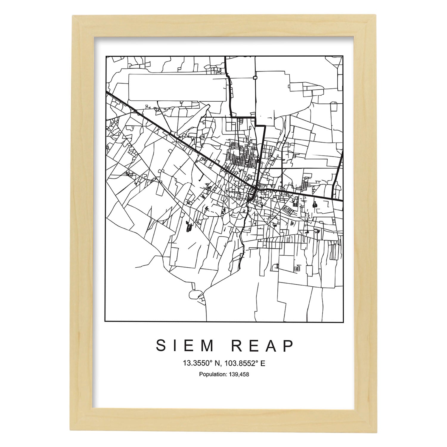 Lámina mapa de la ciudad Siem reap estilo nordico en blanco y negro.-Artwork-Nacnic-A4-Marco Madera clara-Nacnic Estudio SL