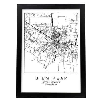 Lámina mapa de la ciudad Siem reap estilo nordico en blanco y negro.-Artwork-Nacnic-A4-Marco Negro-Nacnic Estudio SL