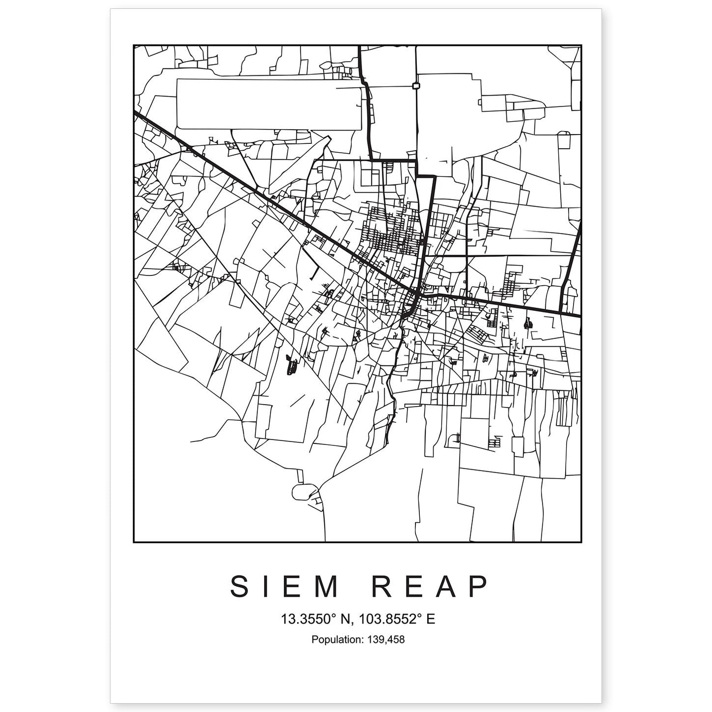Lámina mapa de la ciudad Siem reap estilo nordico en blanco y negro.-Artwork-Nacnic-A4-Sin marco-Nacnic Estudio SL