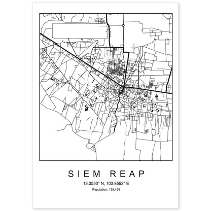 Lámina mapa de la ciudad Siem reap estilo nordico en blanco y negro.-Artwork-Nacnic-A4-Sin marco-Nacnic Estudio SL