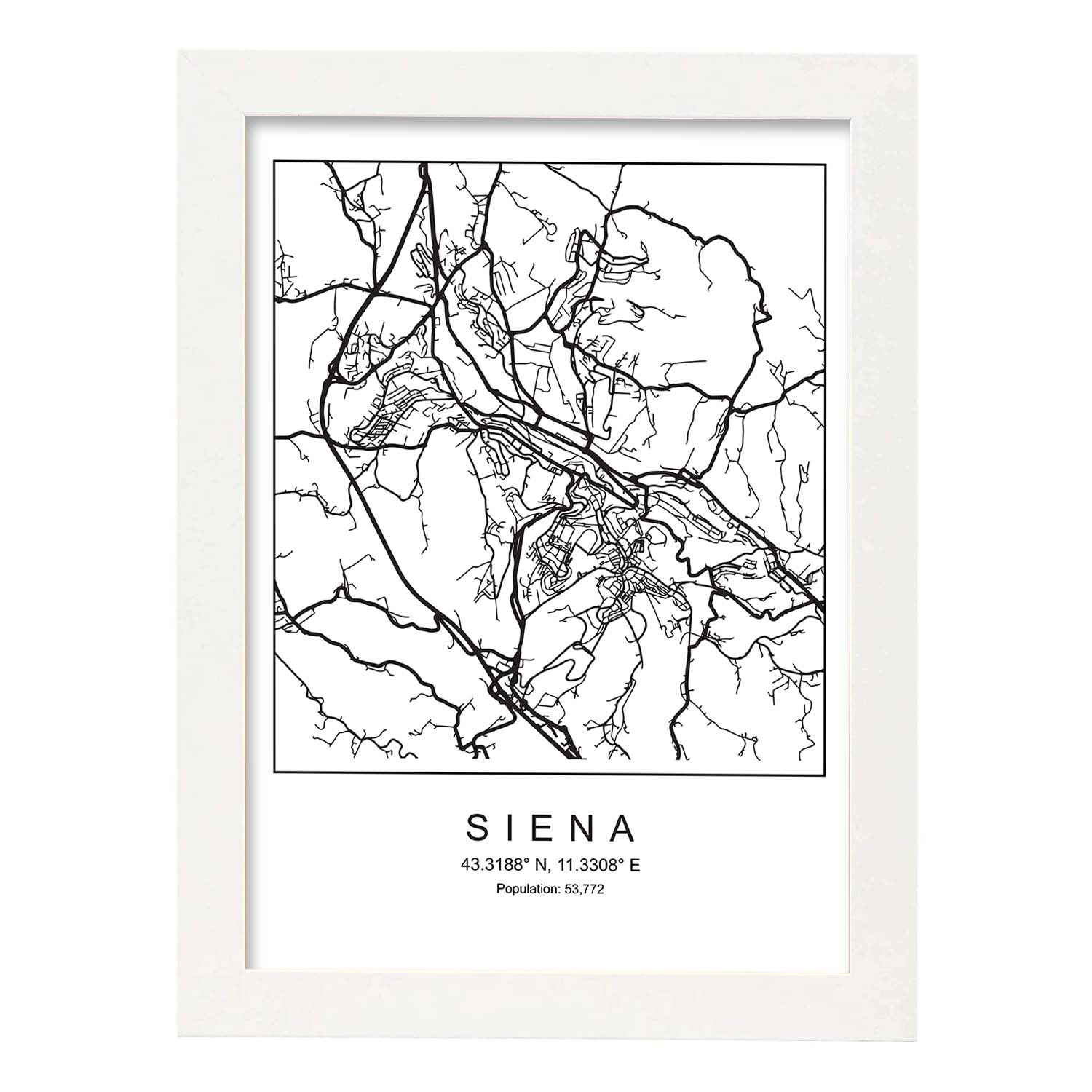Lámina mapa de la ciudad Siena estilo nordico en blanco y negro.-Artwork-Nacnic-A3-Marco Blanco-Nacnic Estudio SL